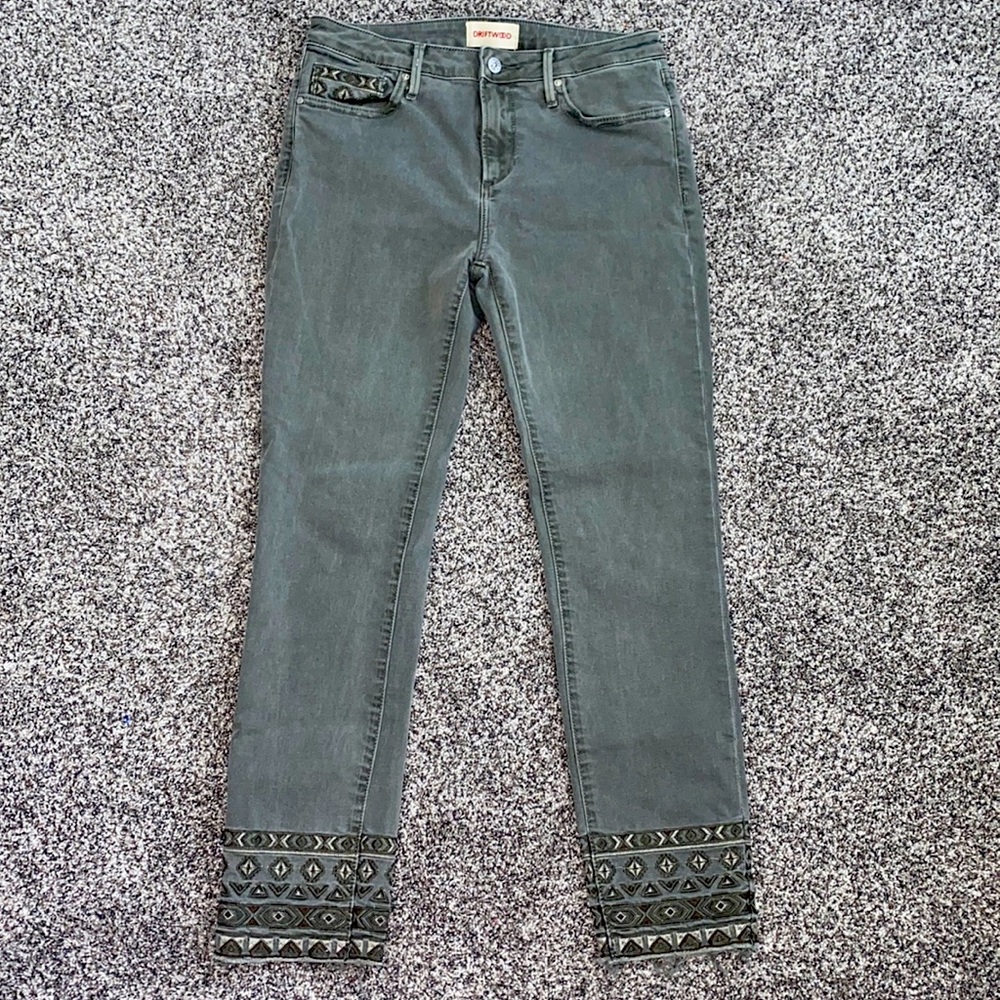 Driftwood Jackie Olive Embroidered Hem Skinny Jeans